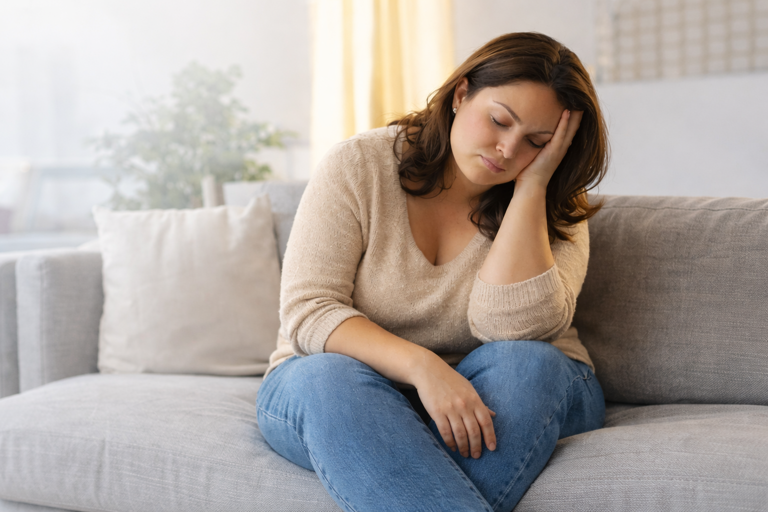 Tensed woman sitting on couch